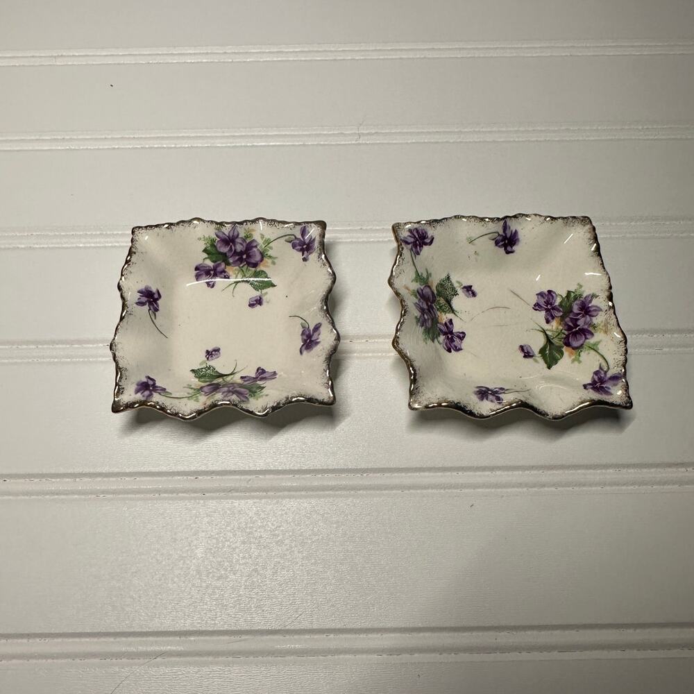 Two James Kent Longton #3090 Violet Trinket Dishes with Ruffle Edges Gold Trim